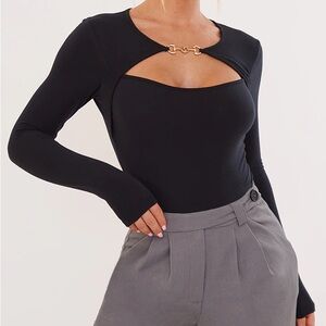 PrettyLittleThing Black Jersey Hardware Cut Out Long Sleeve Bodysuit